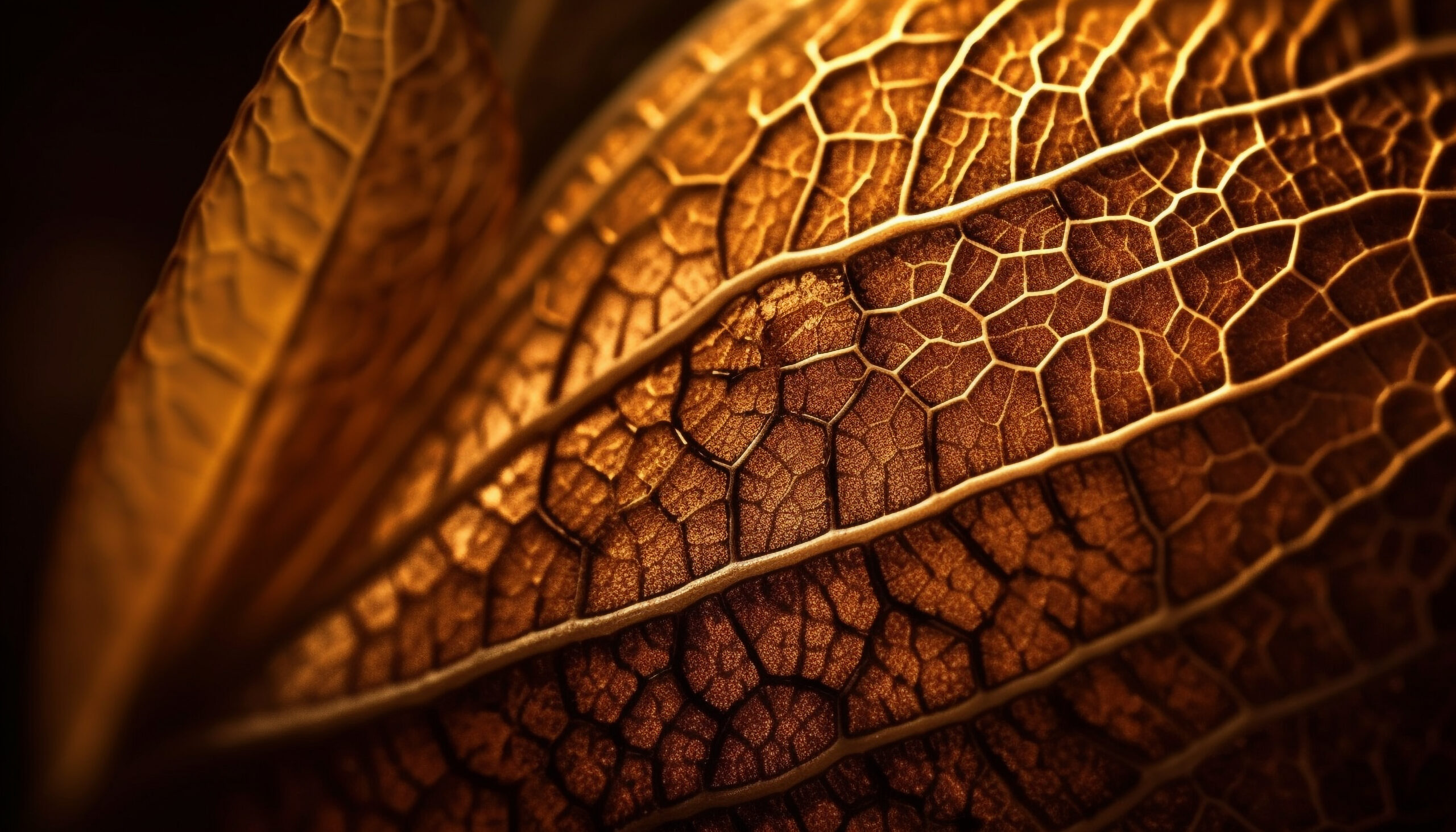 Vibrant yellow leaf vein, backlit on black generated by AI